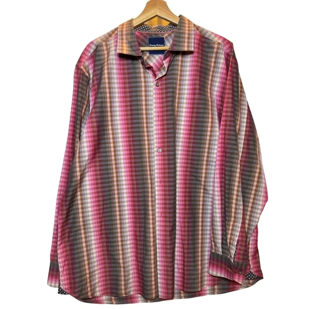 Tommy Bahama Mens XL Plaid Long Sleeve Button‎ Down Shirt Pink Brown Gray Cotton